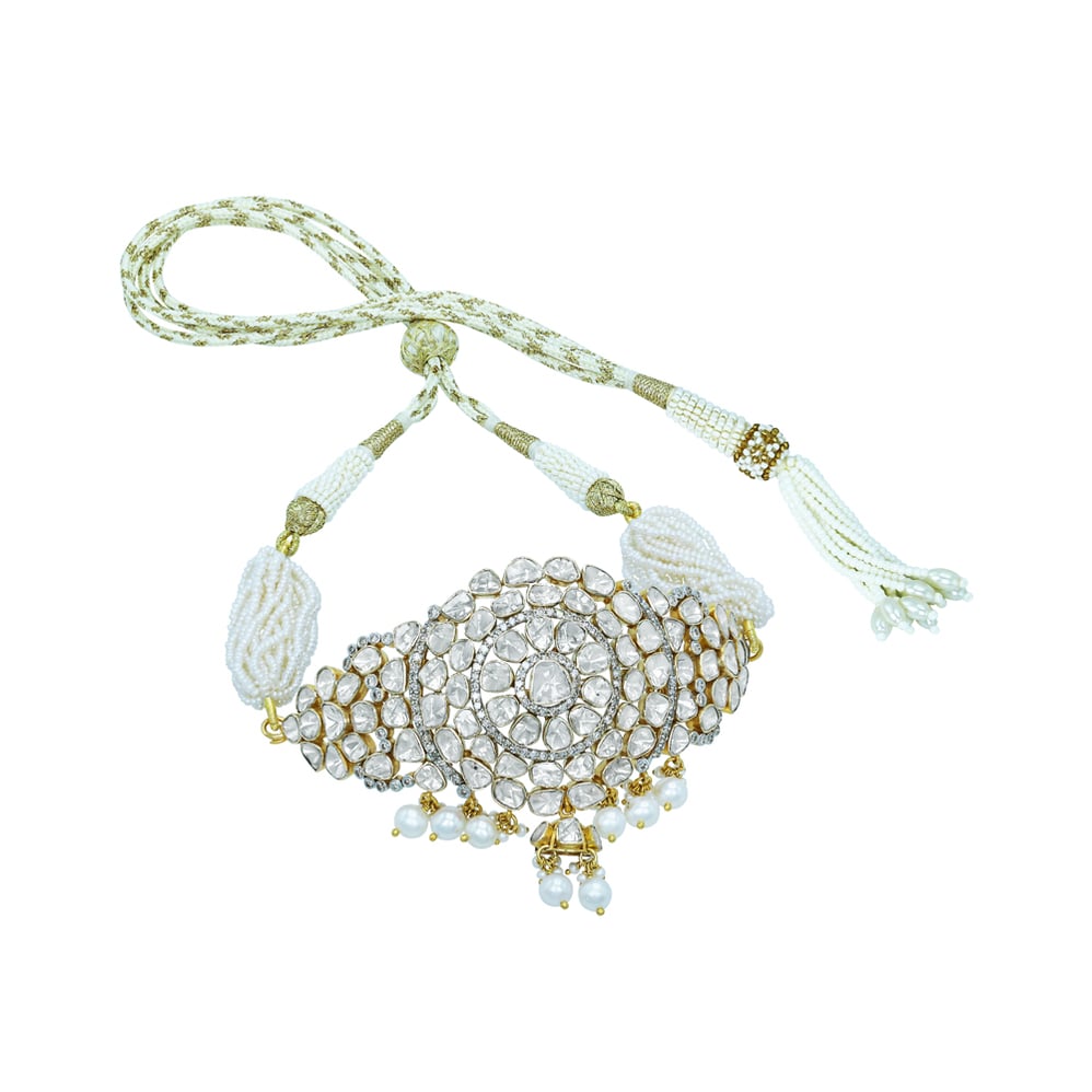 Polki Diamond Choker with Pearl Strings and Dangling Drops