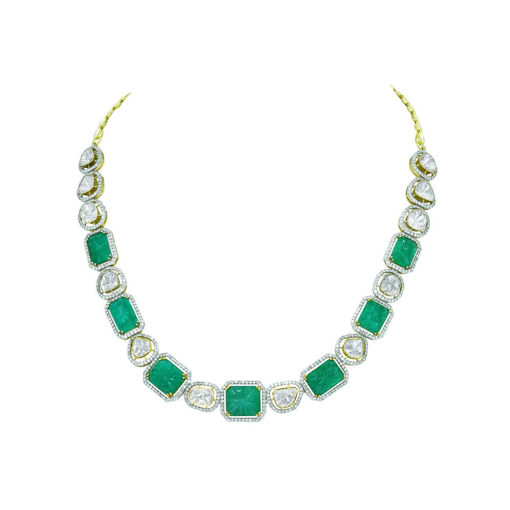 Carved Emerald and Polki Diamond Necklace with Alternating Pattern