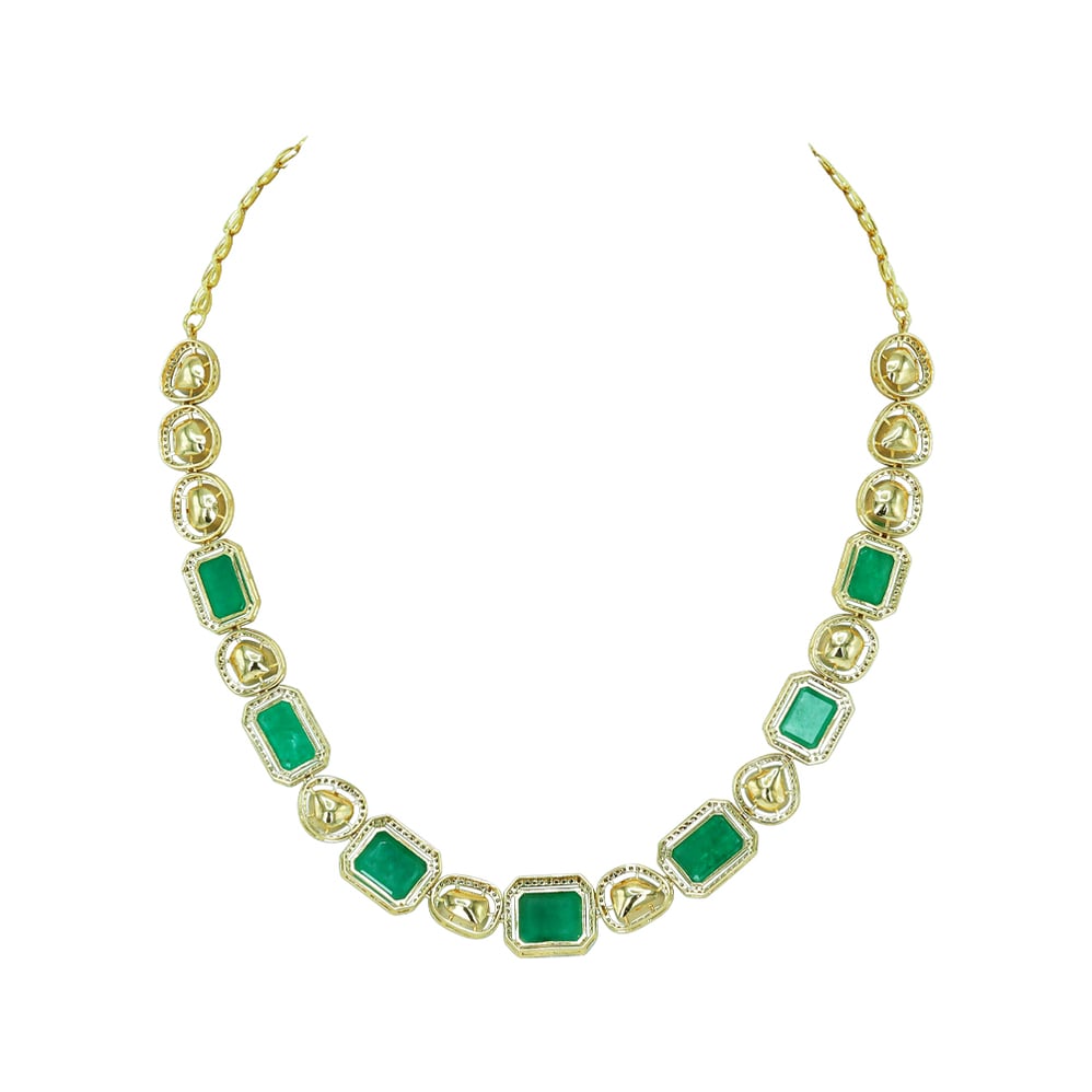 Carved Emerald and Polki Diamond Necklace with Alternating Pattern