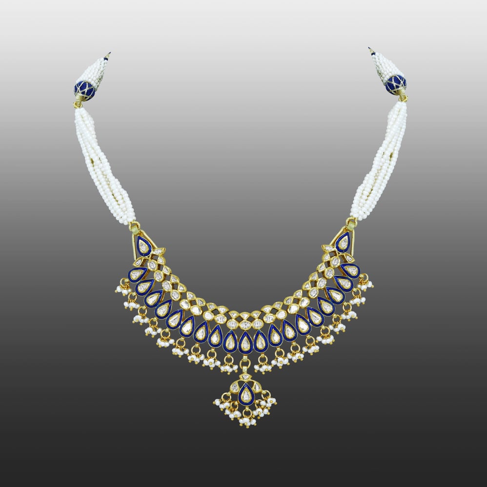 Blue Enamel Teardrop Necklace with Pearls and Fringe Details