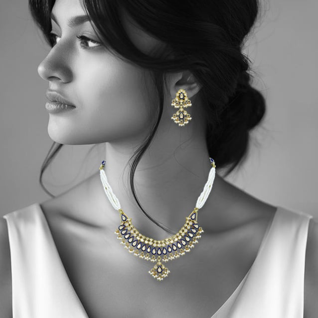 Blue Enamel Teardrop Necklace with Pearls and Fringe Details