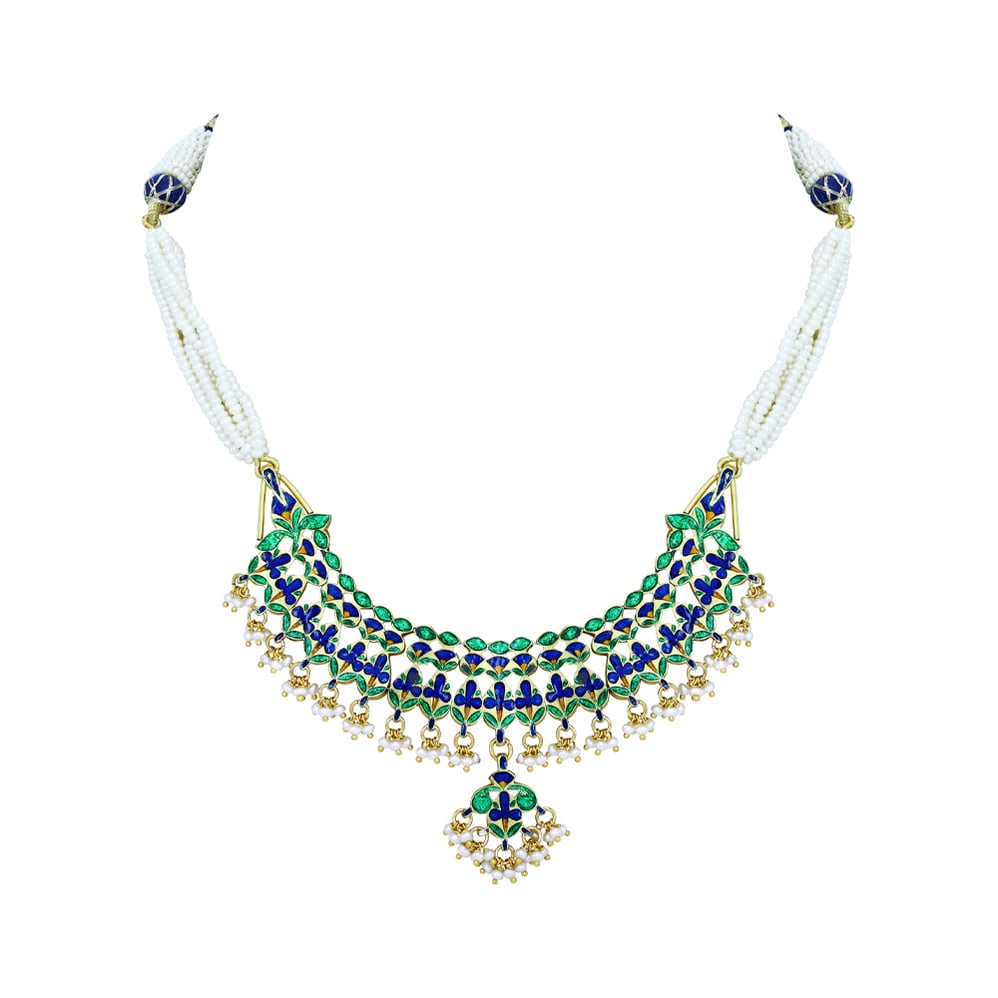 Blue Enamel Teardrop Necklace with Pearls and Fringe Details