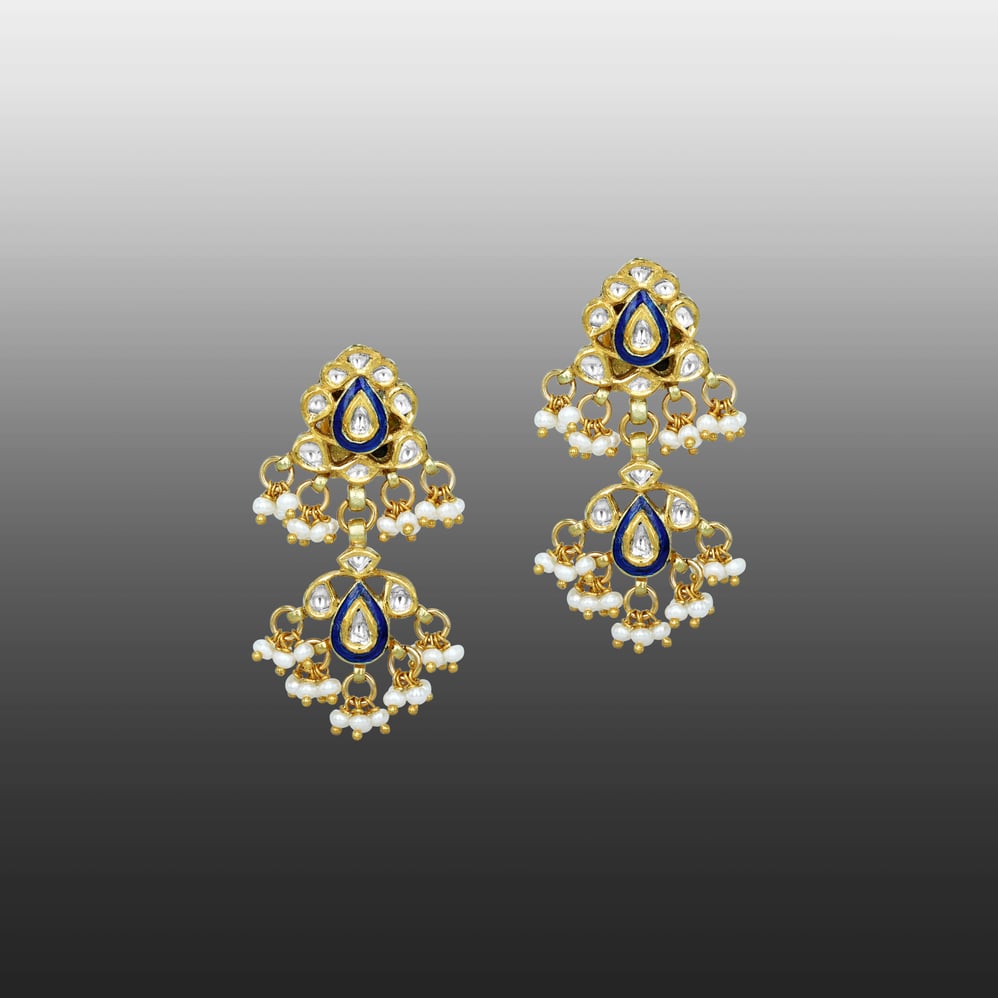 Double-Tier Blue Enamel Earrings with Polki and Pearl Drops