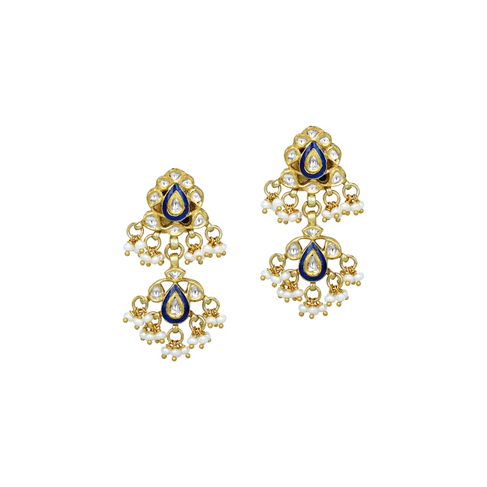 Double-Tier Blue Enamel Earrings with Polki and Pearl Drops
