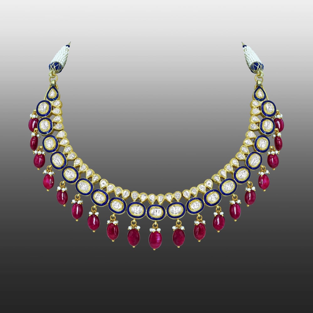 Blue Enamel Necklace with Polki Diamonds, Pearls, and Ruby Drops
