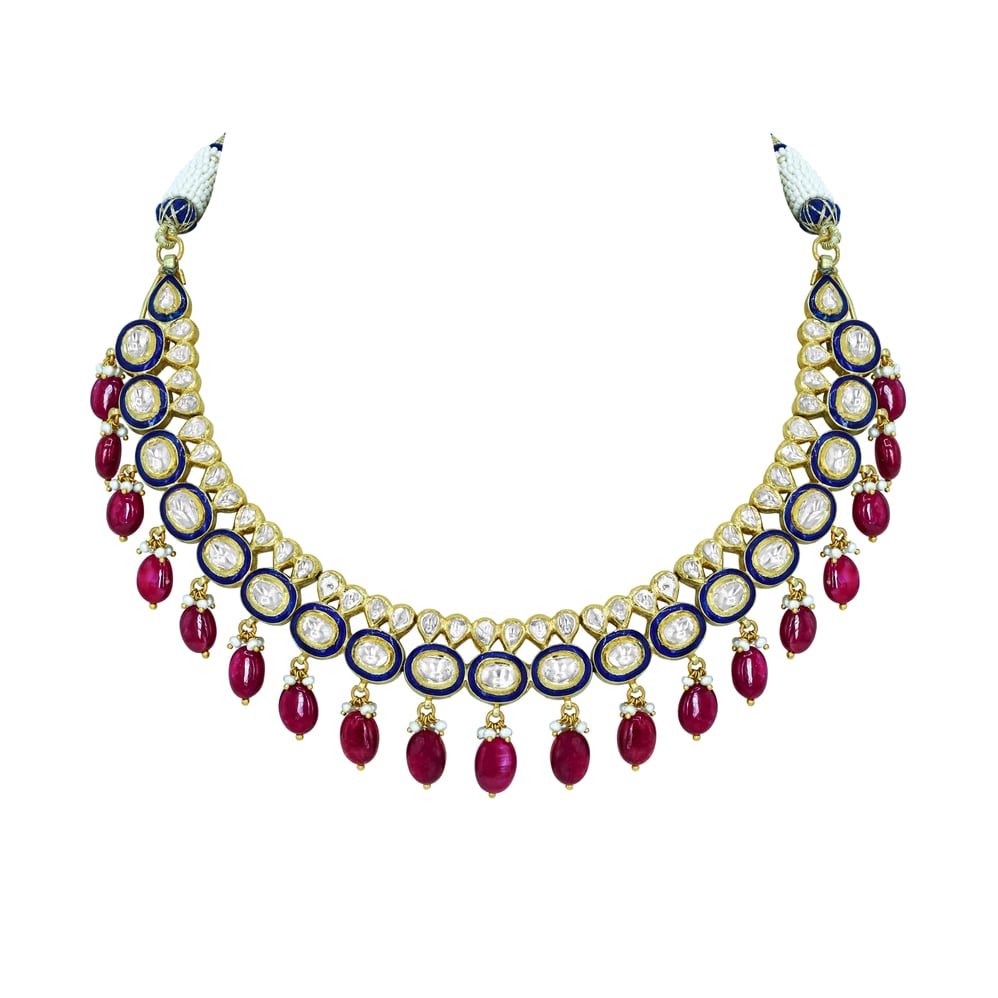 Blue Enamel Necklace with Polki Diamonds, Pearls, and Ruby Drops