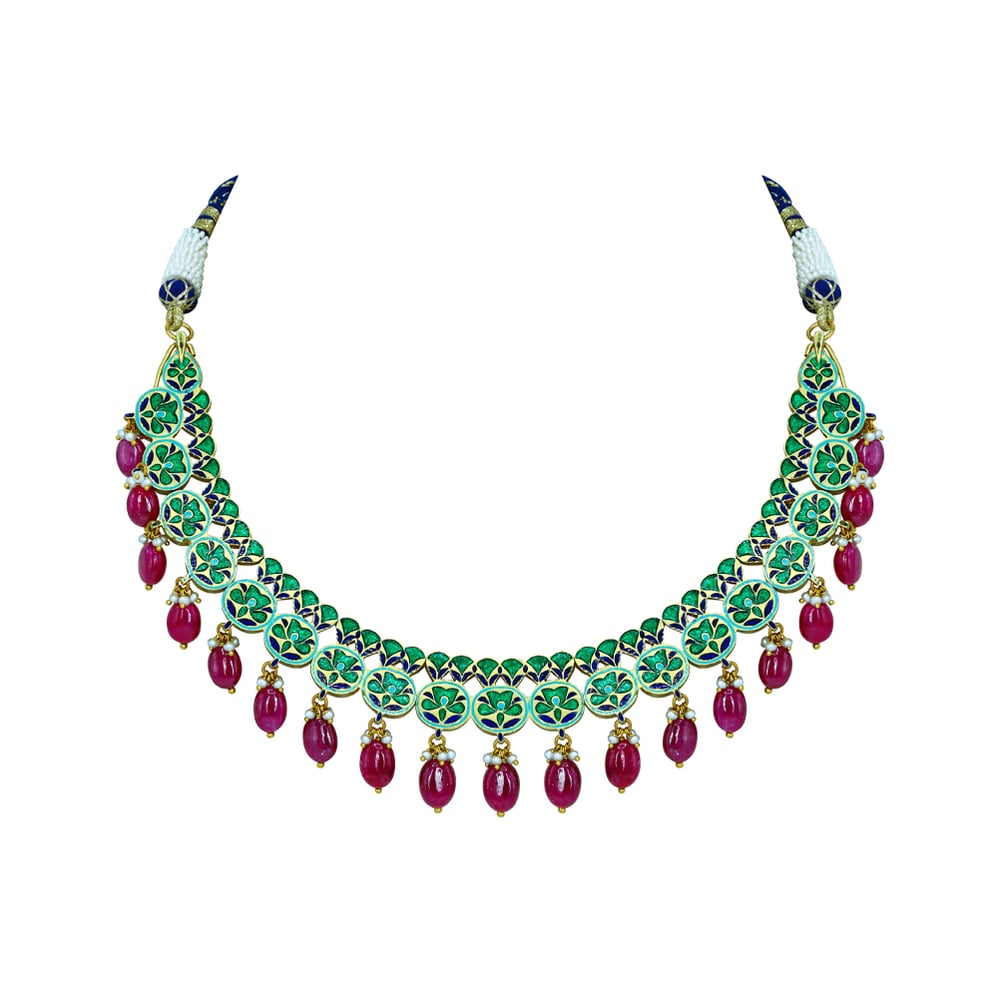 Blue Enamel Necklace with Polki Diamonds, Pearls, and Ruby Drops