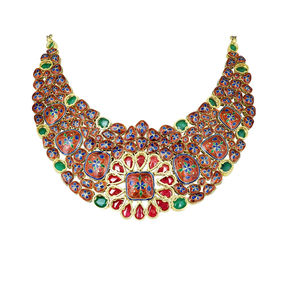 Emerald Cabochon Necklace with Polki and Ruby Floral Motif