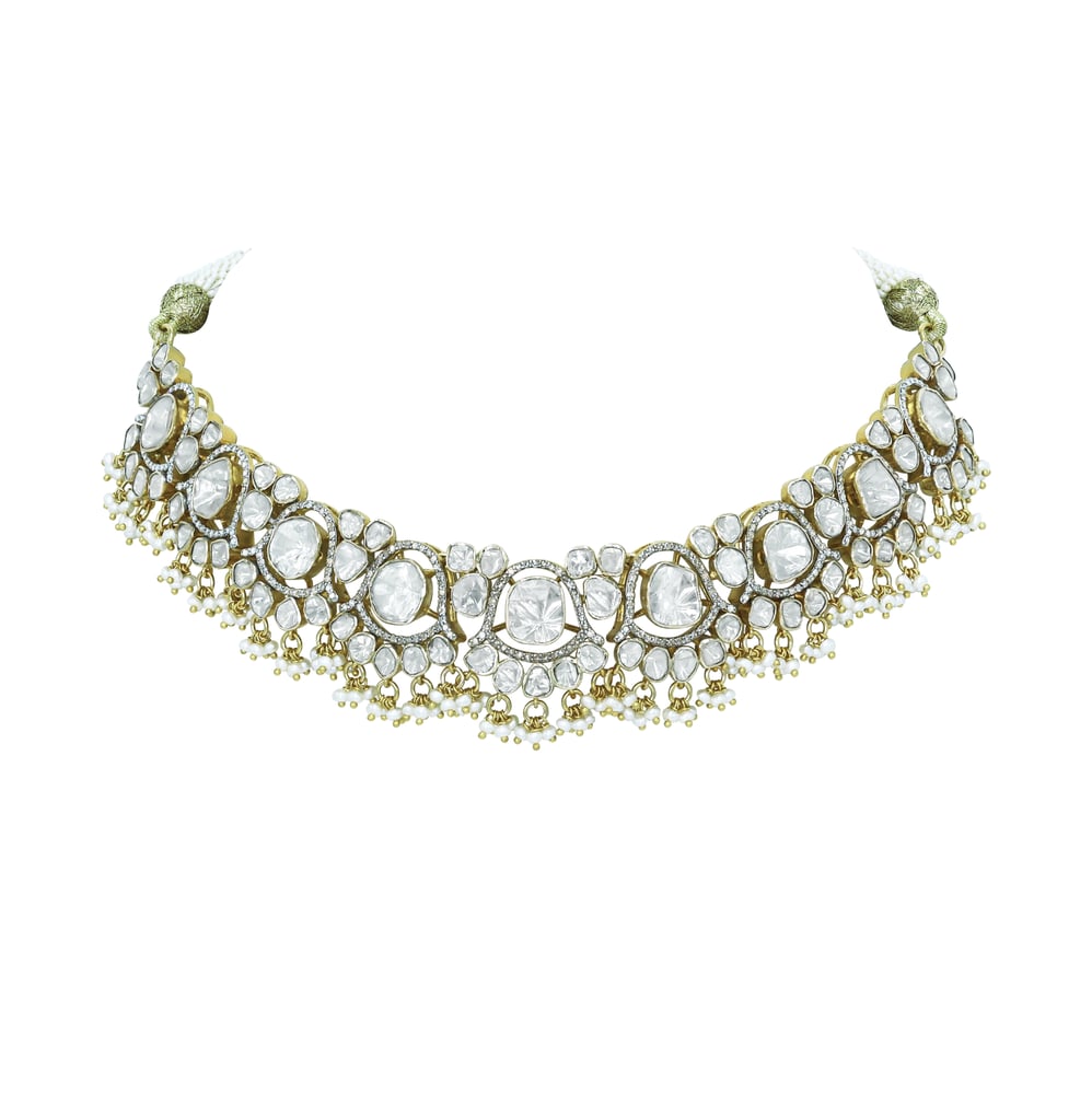 Polki Diamond Necklace with Pearls and Beads