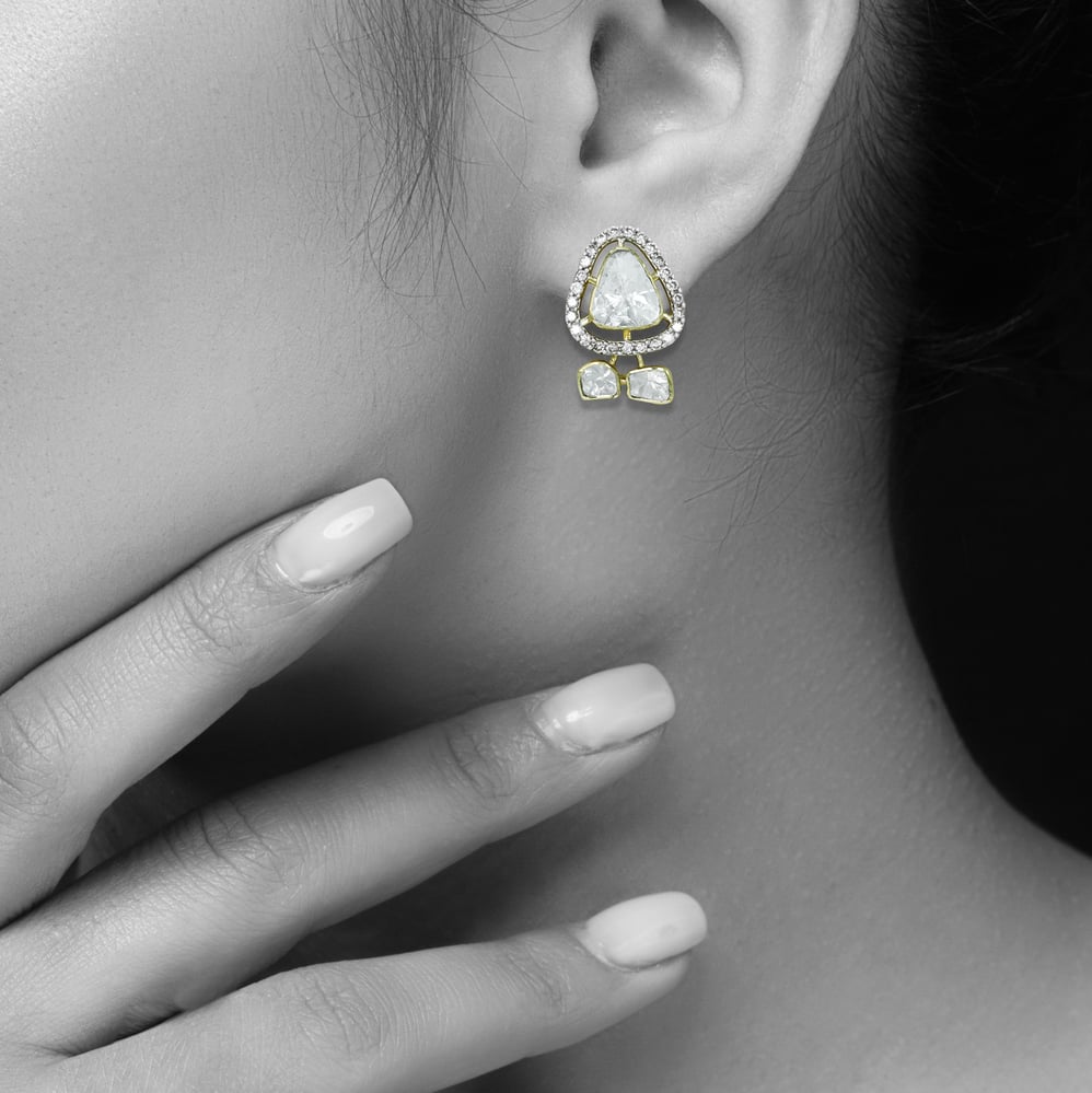 Triangular Polki Earrings with Diamond Halos