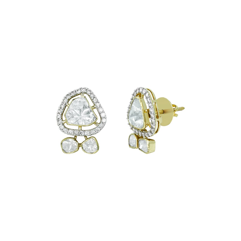 Triangular Polki Earrings with Diamond Halos