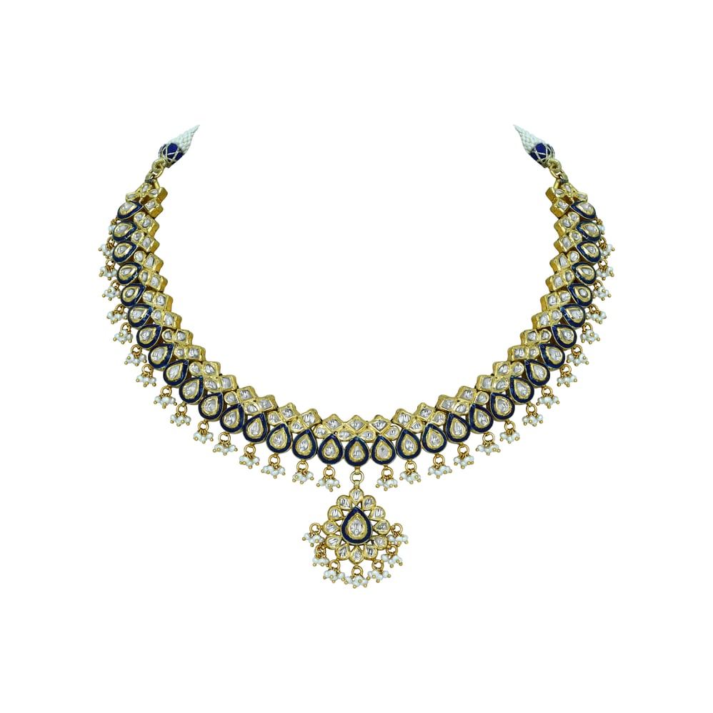 Layered Polki Necklace with Blue Enamel and Pearls