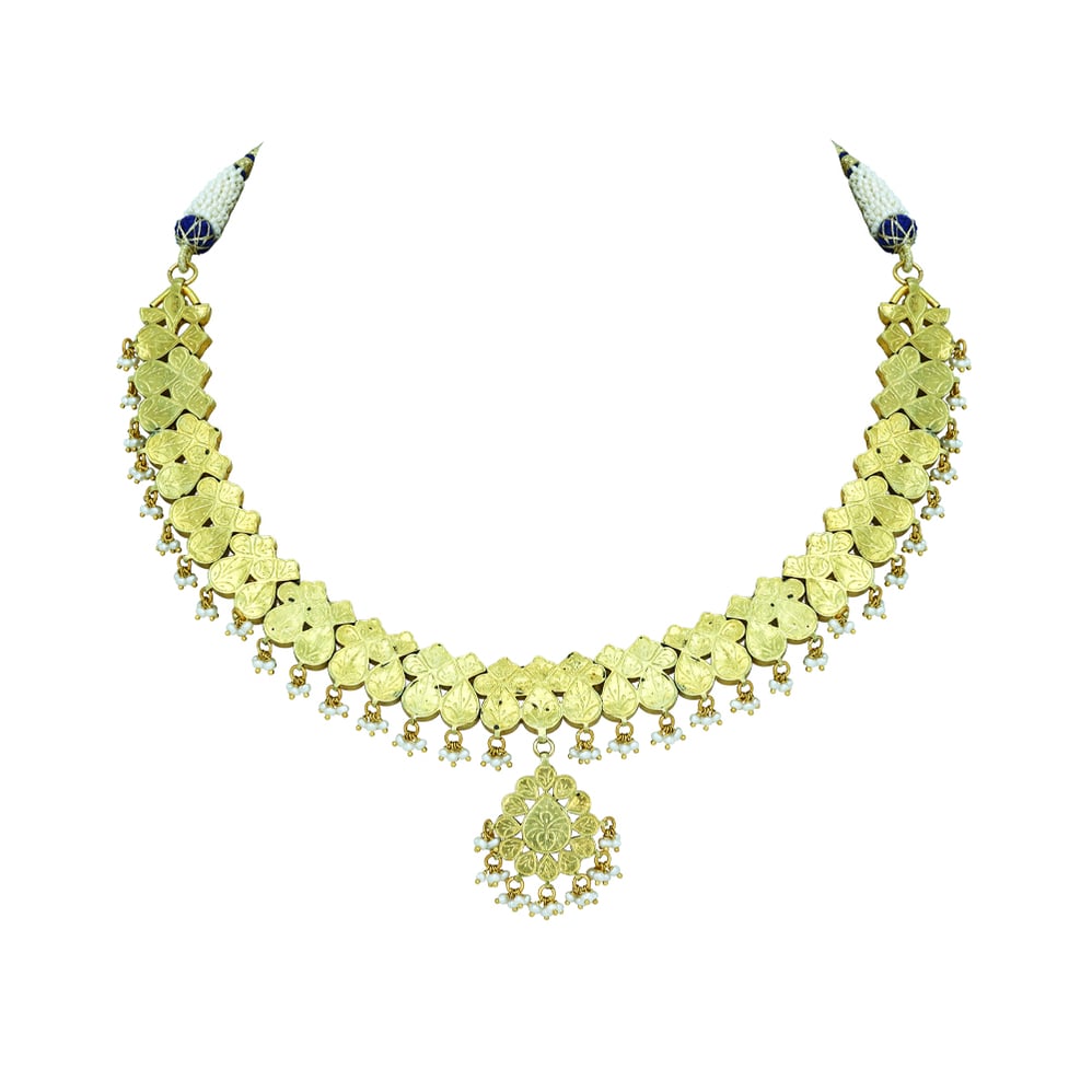 Layered Polki Necklace with Blue Enamel and Pearls