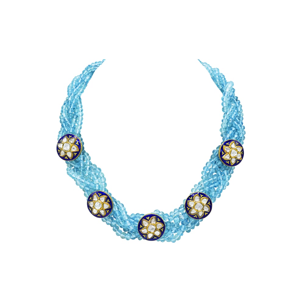 Blue Bead Necklace with Star Meena Buttons and Polki