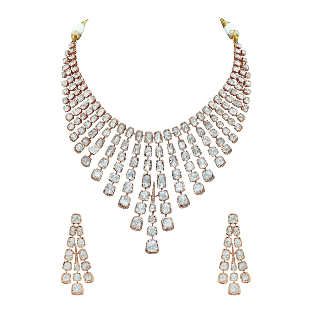 Rose Gold Polki Necklace Set with Cascading Fan-Like Design