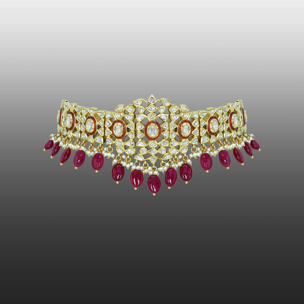 Polki Diamond Choker with Ruby Tumbles and Red Enamel