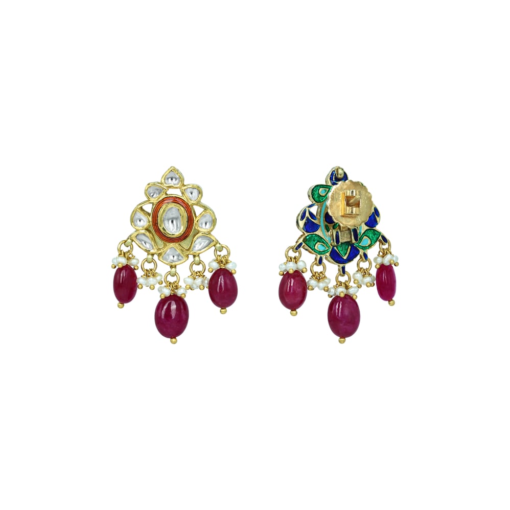 Polki Earrings with Red Enamel, Ruby Drops, and Pearls