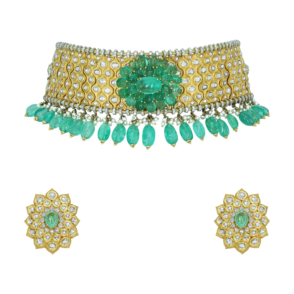 Polki Choker Set with Emerald Floral Motif and Drops