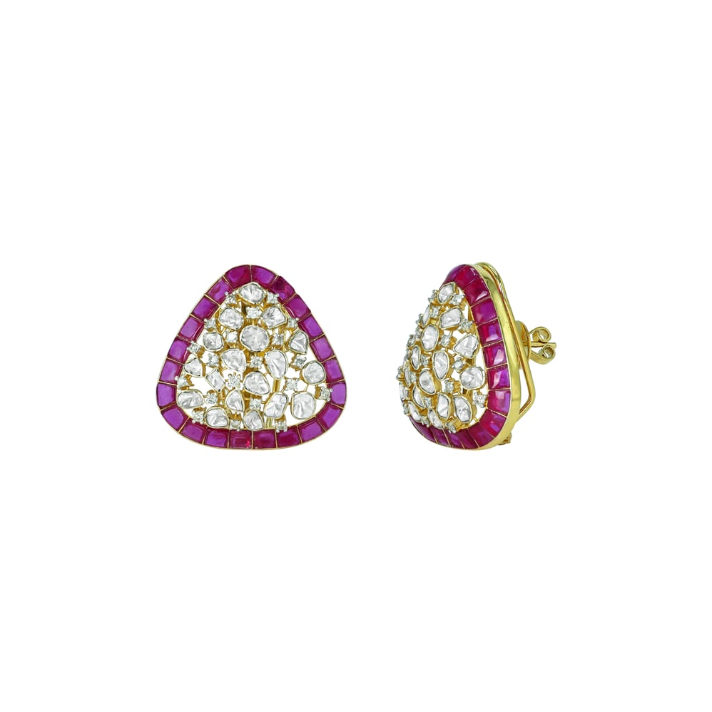 Triangular Polki Earrings with Magenta Borders
