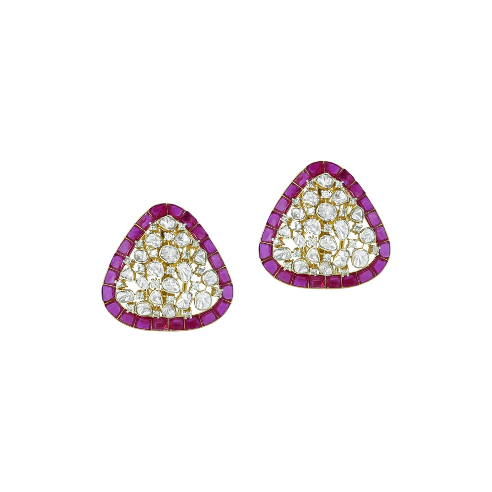 Triangular Polki Earrings with Magenta Borders