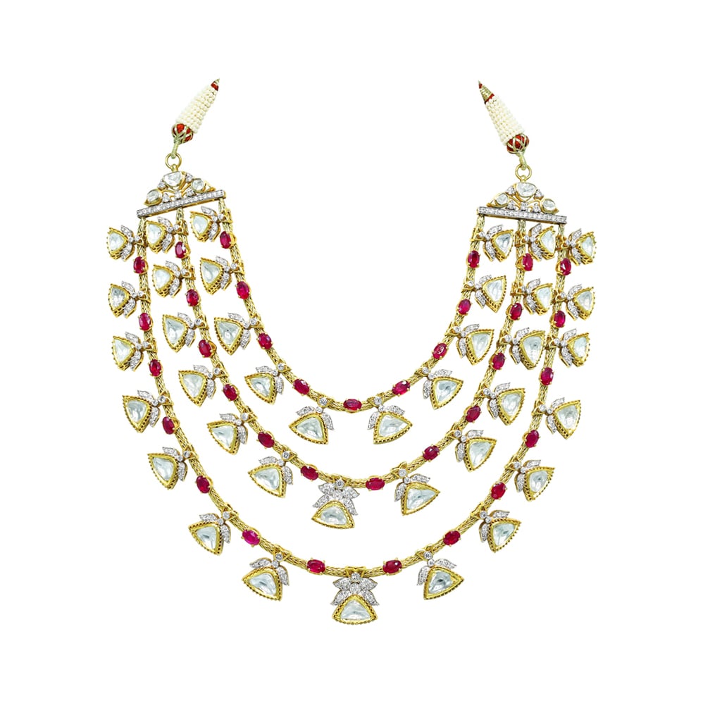 Gold Wire Necklace with Rubies, Polki, and Full-Cut Diamonds