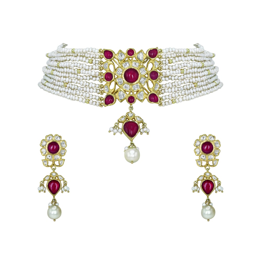 Pearl Strand Choker Set with Ruby, Polki Floral Motif, and Pearl Drop