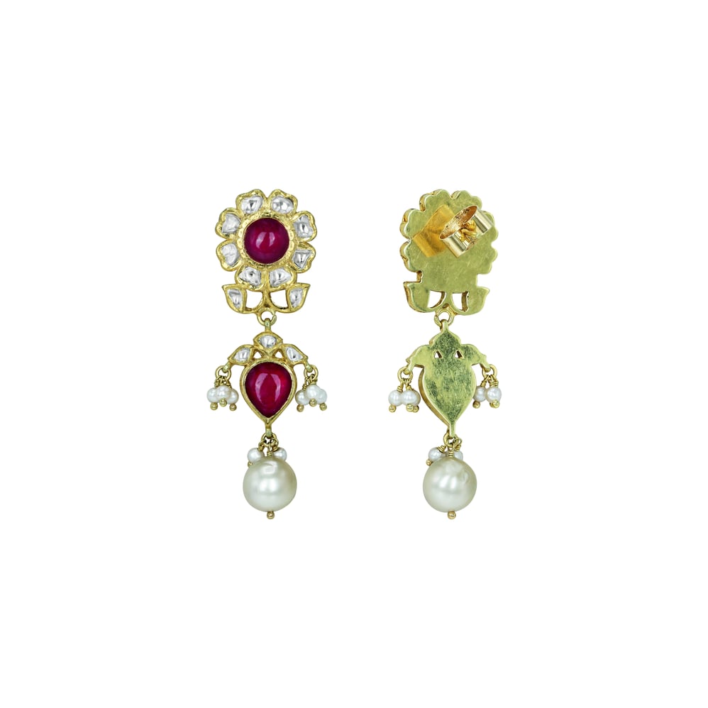 Pearl Strand Choker Set with Ruby, Polki Floral Motif, and Pearl Drop