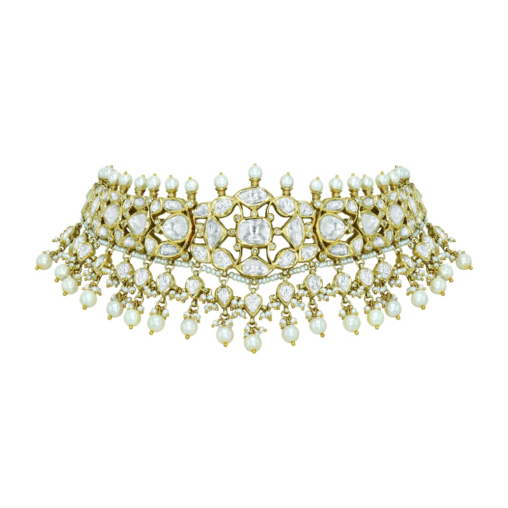 Ivory Polki Choker Set with Pearl Clusters