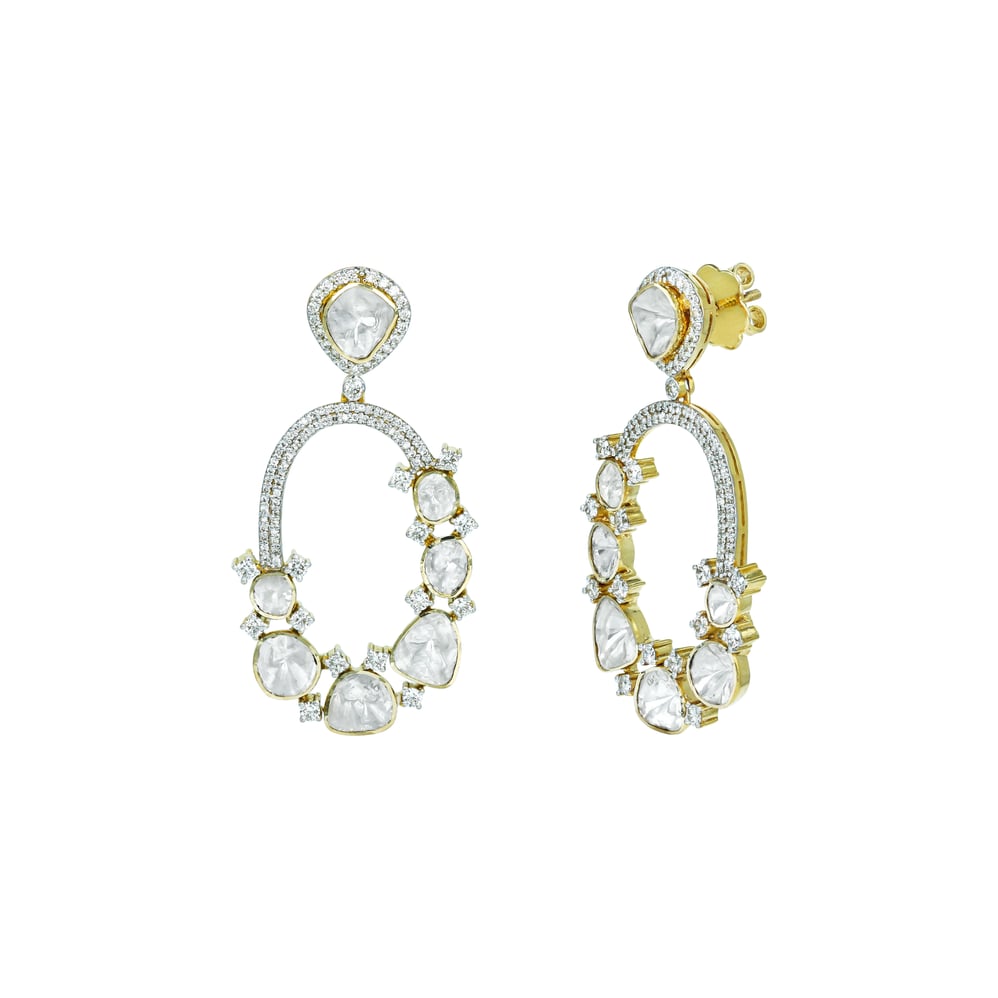 Elongated Polki Loop Earrings with Halo Diamond Detailing