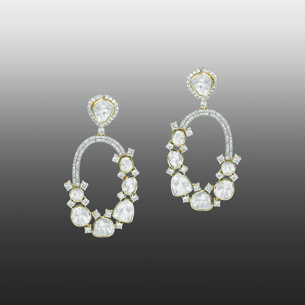 Elongated Polki Loop Earrings with Halo Diamond Detailing