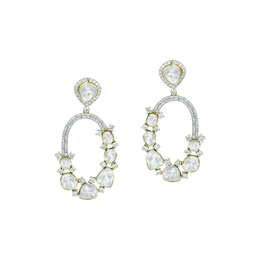 Elongated Polki Loop Earrings with Halo Diamond Detailing