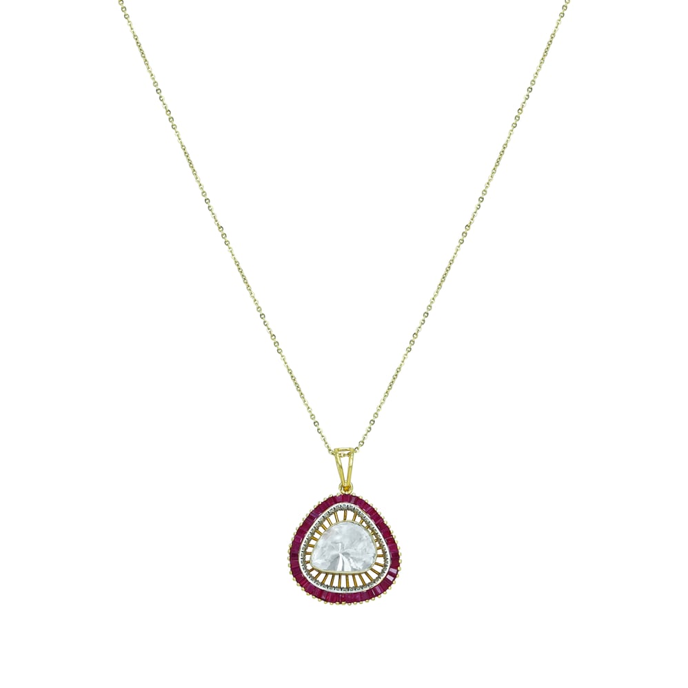 Pear-Shaped Polki Pendant with Red Ruby Baguettes