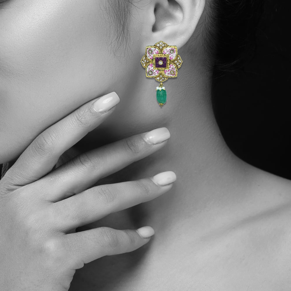 Floral Enamel Earrings with Polki and Emerald Drop