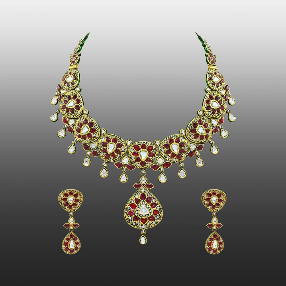 Red Talaf Necklace Set with Polki and Drop Details