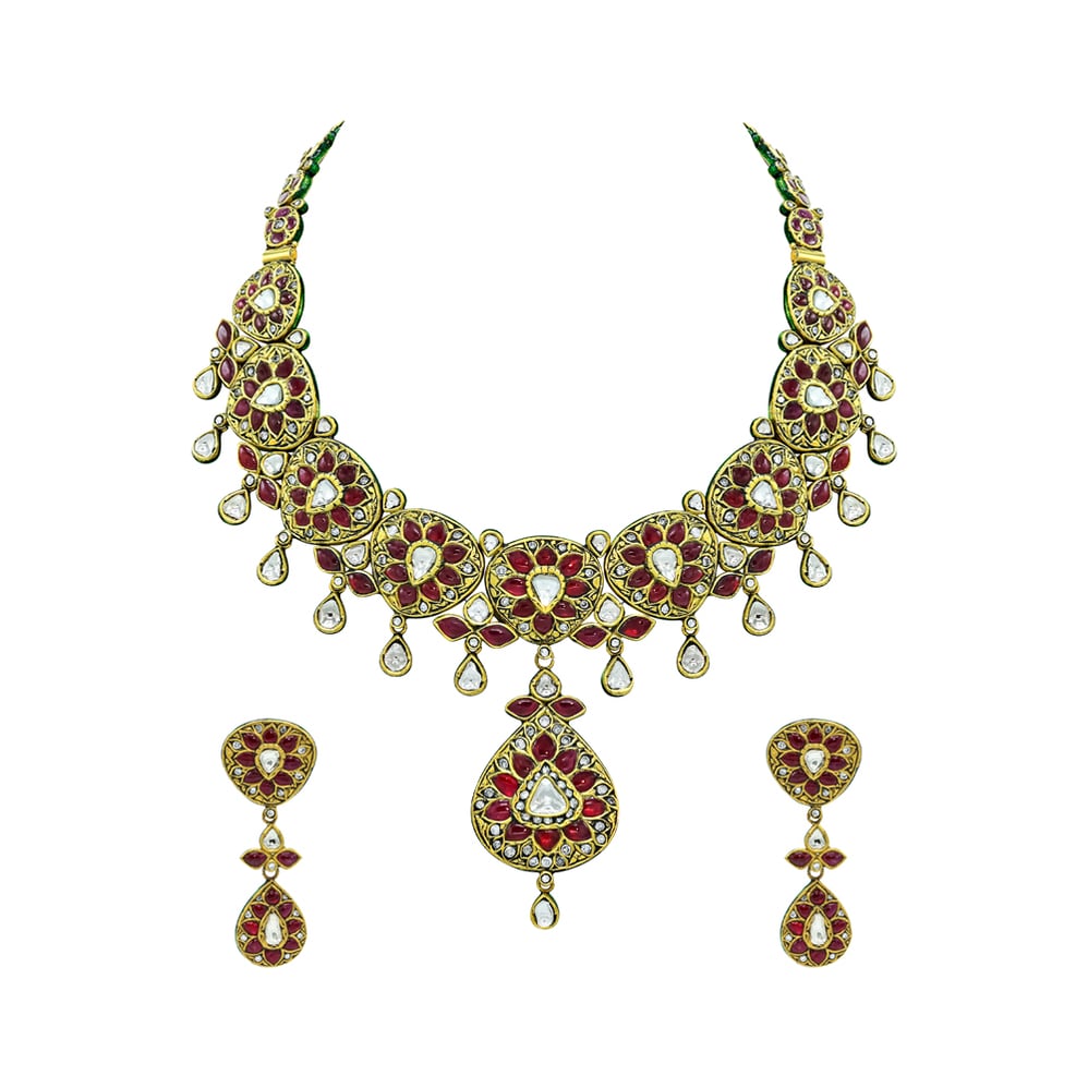 Red Talaf Necklace Set with Polki and Drop Details