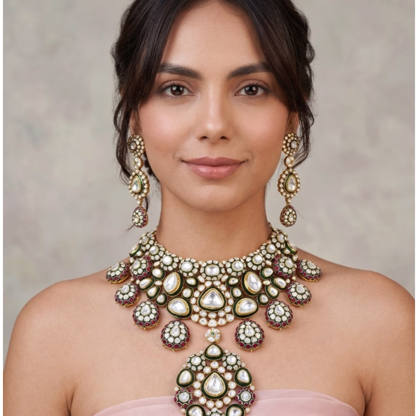 Bridal Polki Choker with Rubies, Green Meena, and Makadi Design Necklace Set