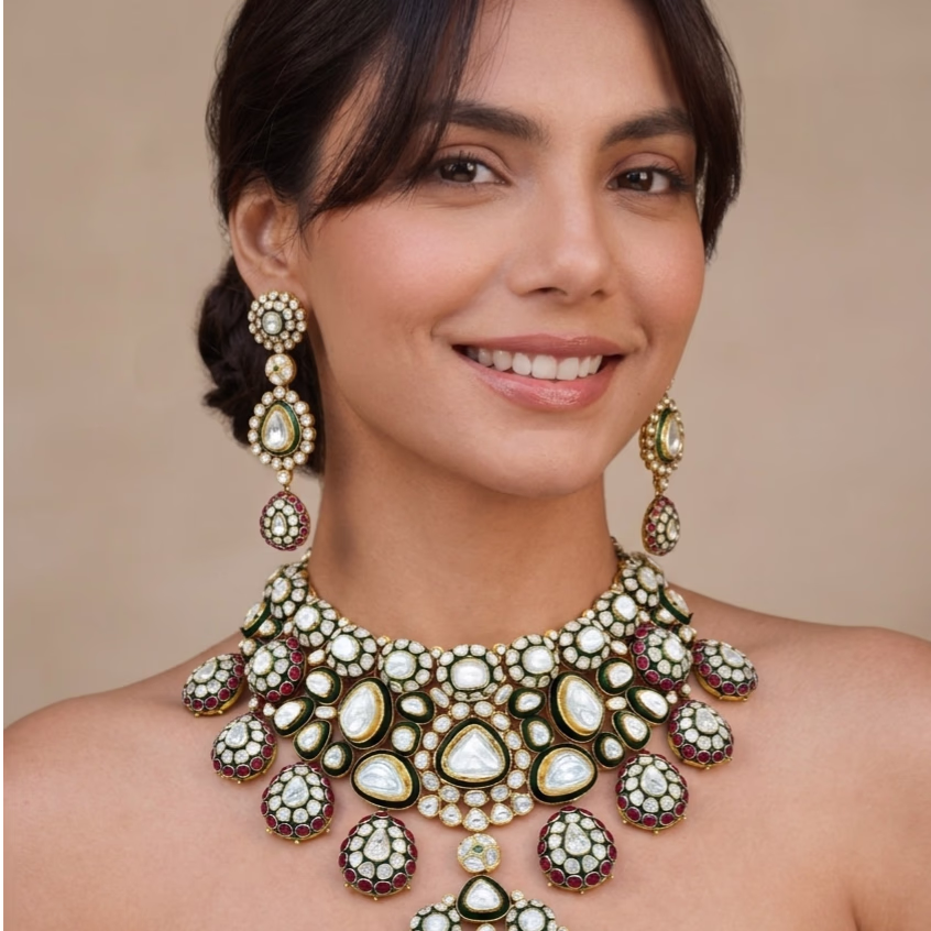Bridal Polki Choker with Rubies, Green Meena, and Makadi Design Necklace Set