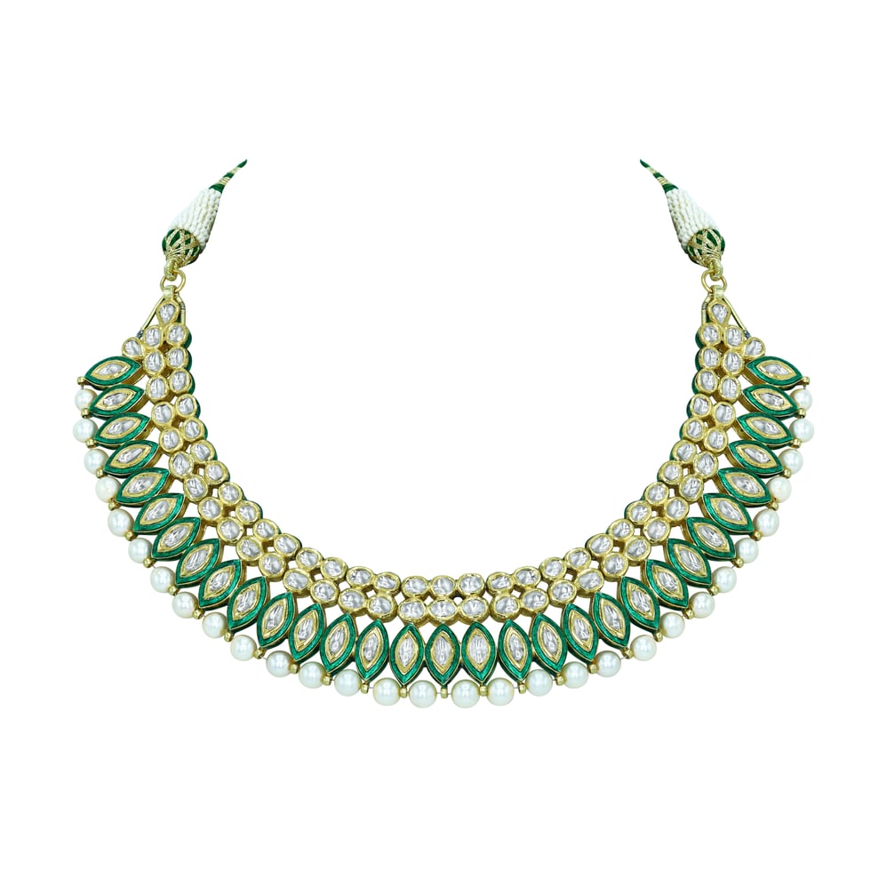 Polki Diamond Necklace with Green Enamel and Pearls