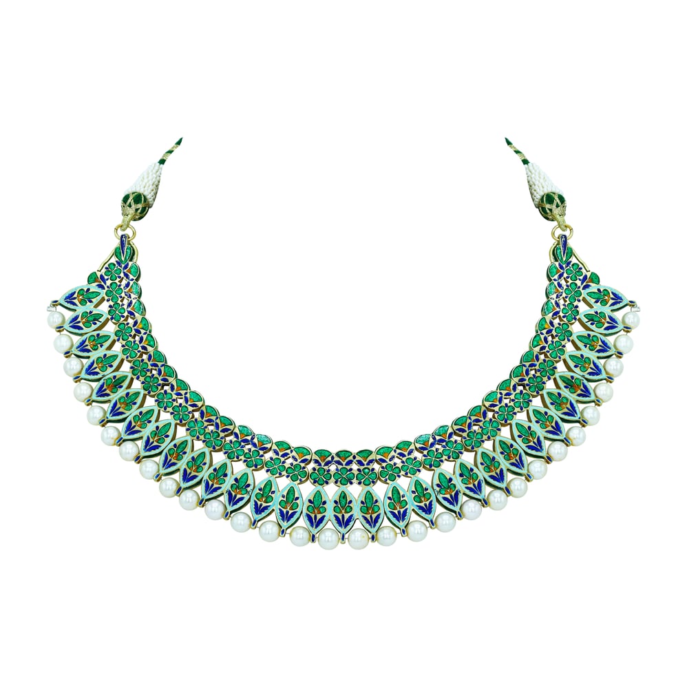 Polki Diamond Necklace with Green Enamel and Pearls