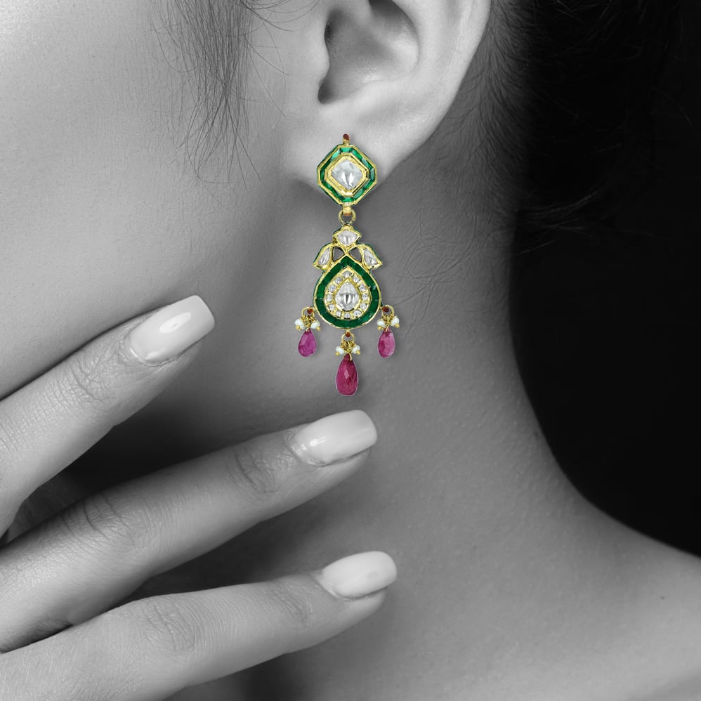 Polki Choker Set with Green Enamel, Tourmaline, and Pearls