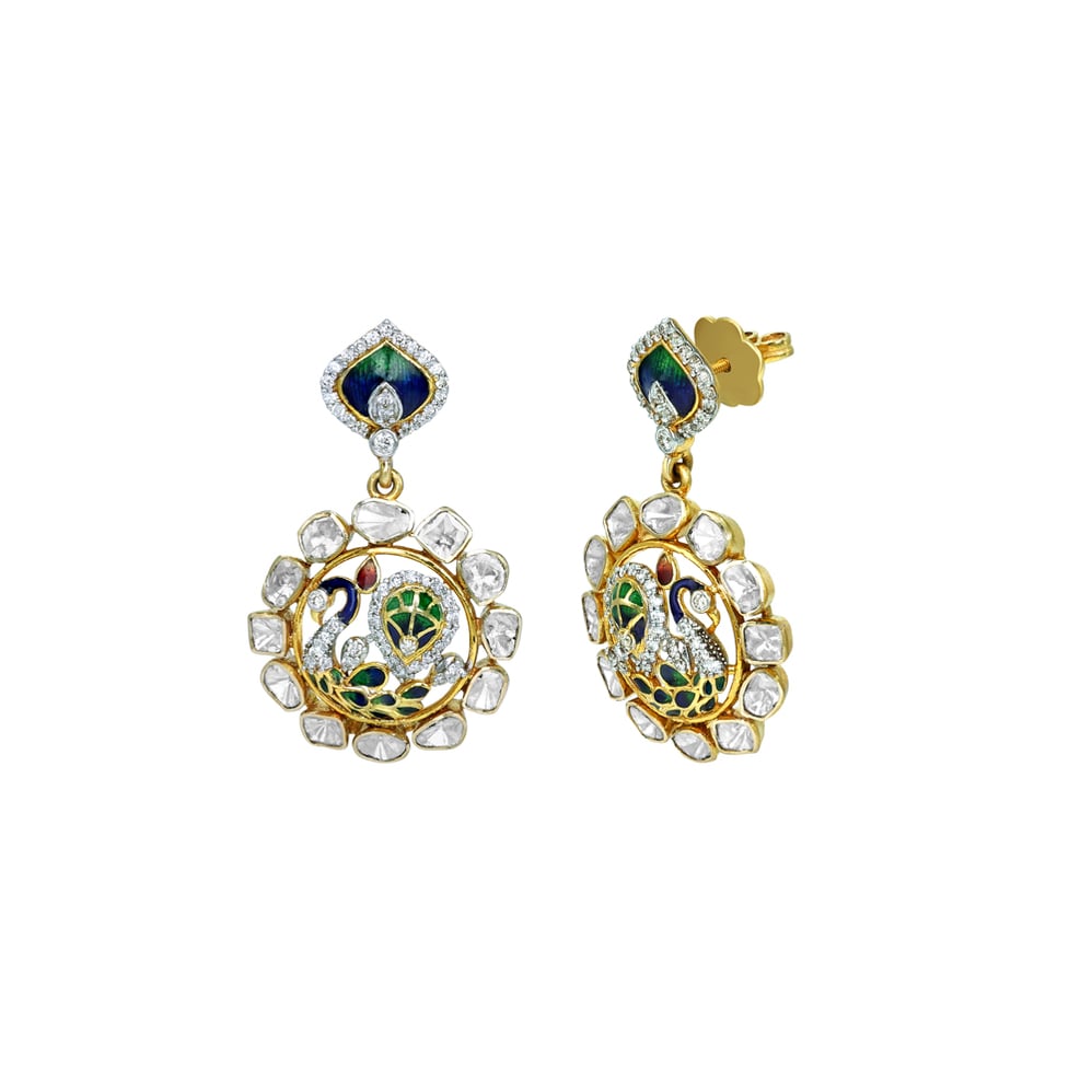 Peacock Motif Earrings with Polki and Enamel