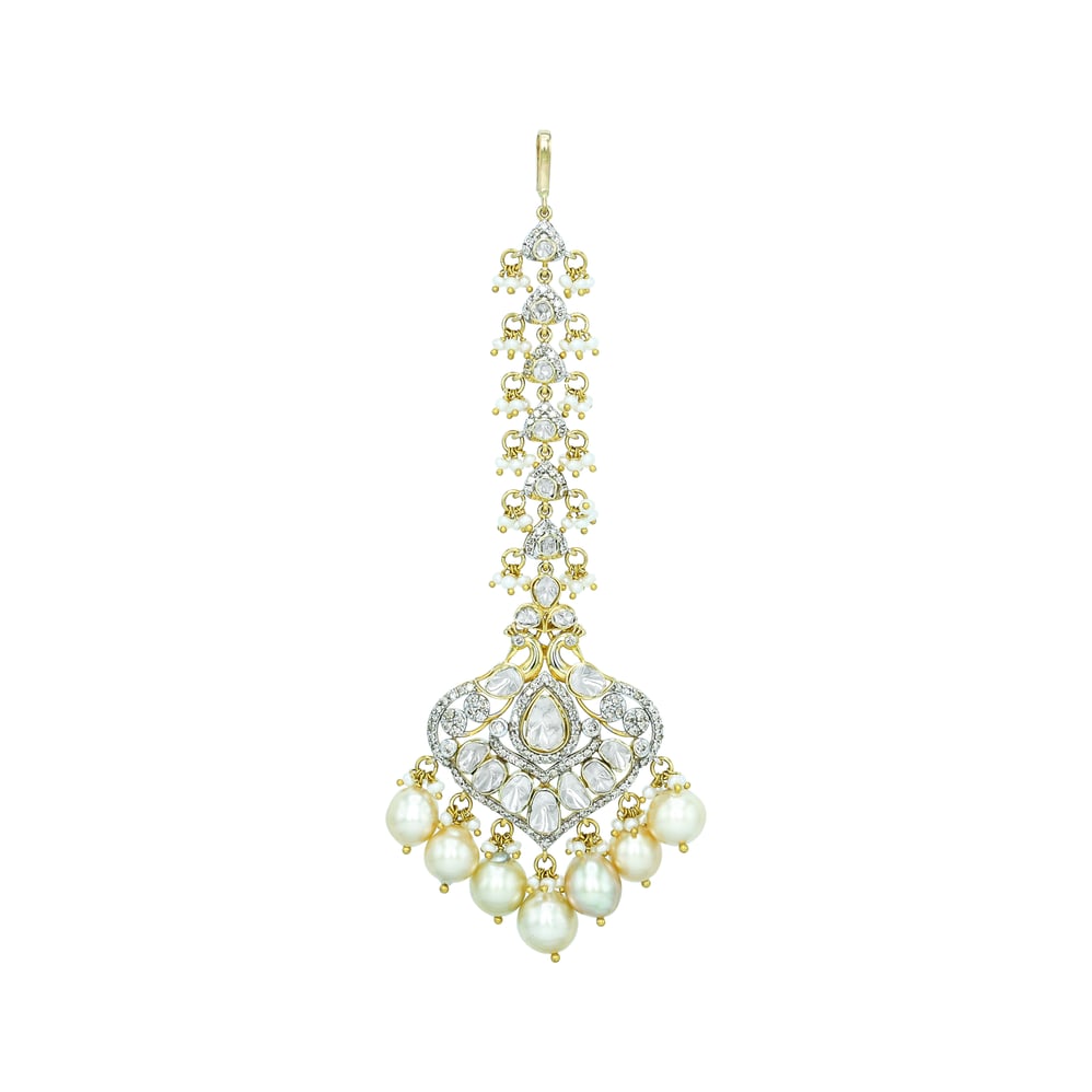 Pear-Shaped Polki Mangtikka with Diamonds and Pearls