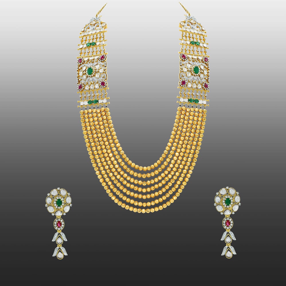 Layered Polki Necklace Set with Emeralds, Rubies, and Drops