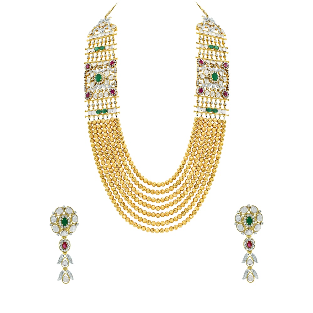 Layered Polki Necklace Set with Emeralds, Rubies, and Drops
