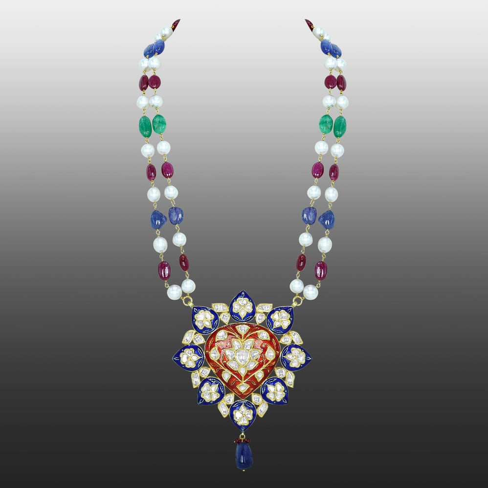 Floral Polki Necklace with Blue Red Enamel, Pearls, and Multi Gemstone Beads
