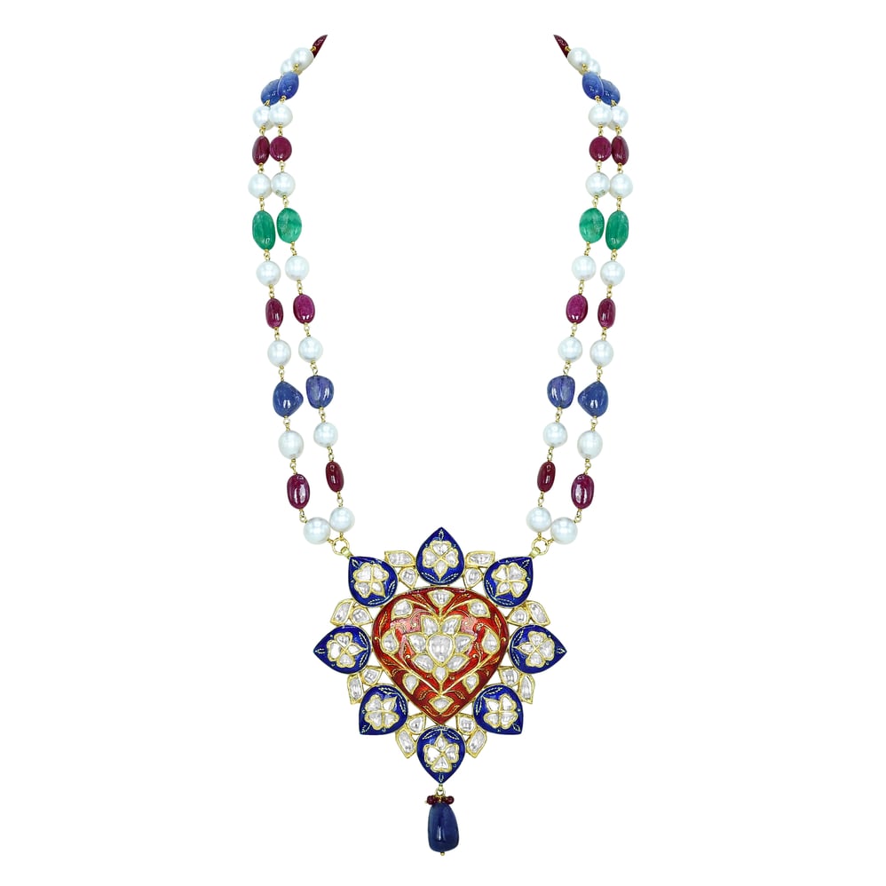 Floral Polki Necklace with Blue Red Enamel, Pearls, and Multi Gemstone Beads