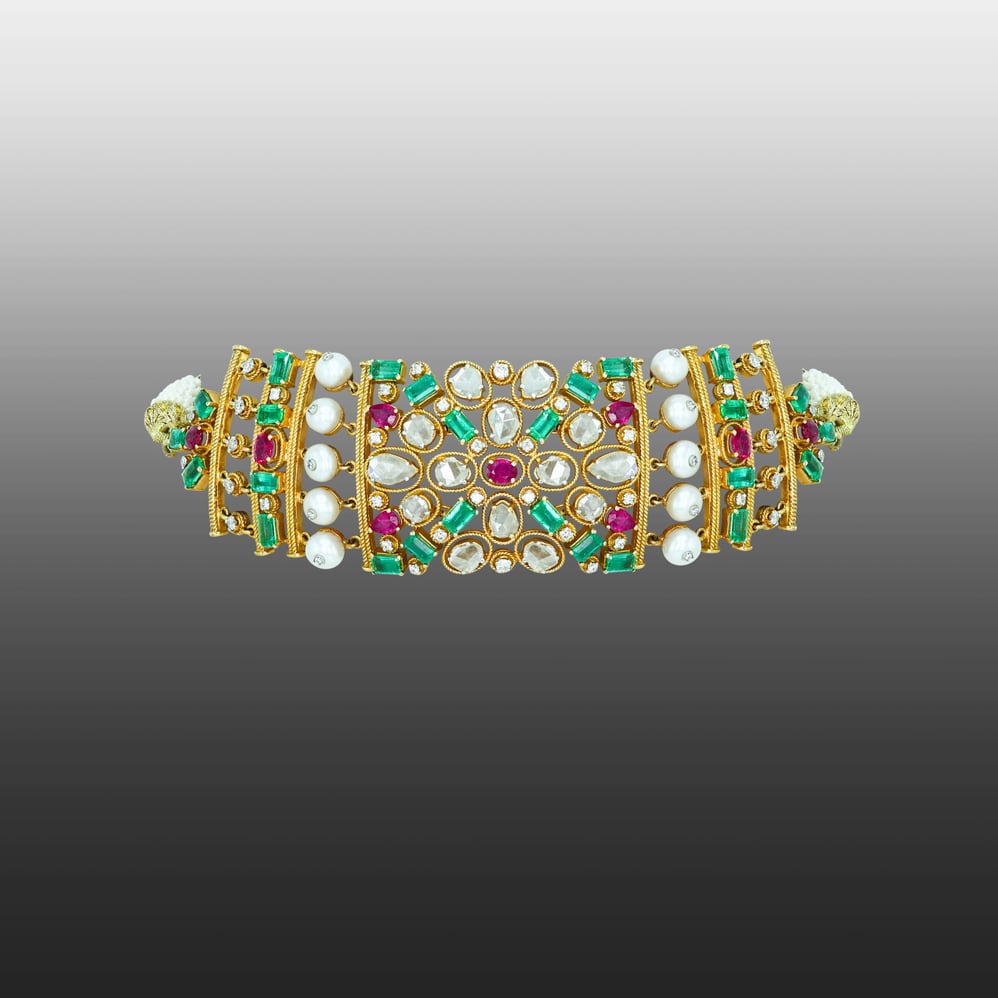 Polki Choker with Emerald Colour stone, Rubies, and Pearls