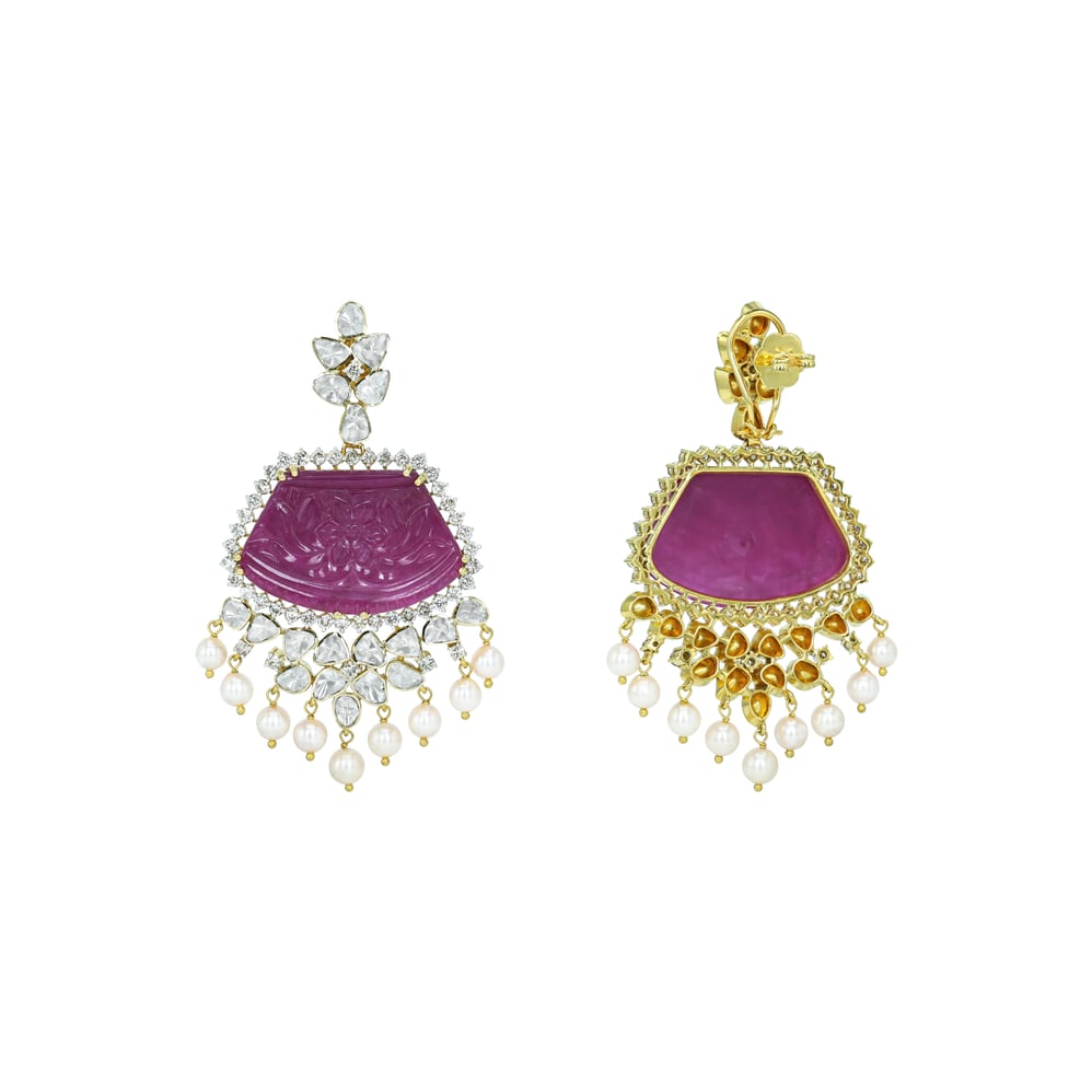 Carved Ruby Earrings with Polki Diamonds and Pearl Drops