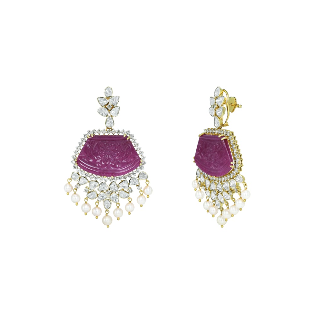 Carved Ruby Earrings with Polki Diamonds and Pearl Drops