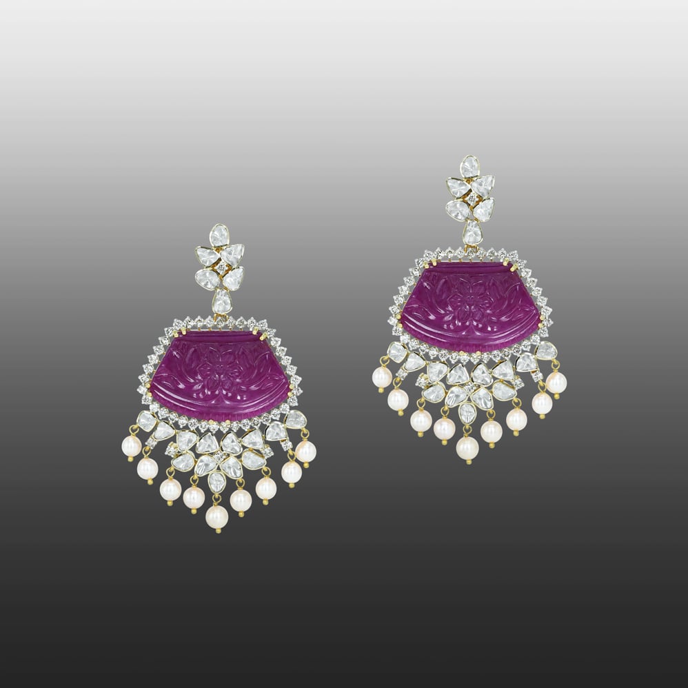 Carved Ruby Earrings with Polki Diamonds and Pearl Drops